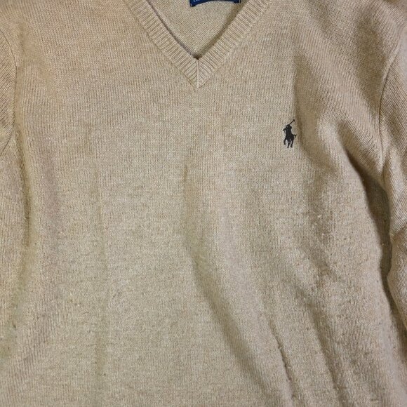 Polo Ralph Lauren 100% Lambswool V-Neck Sweater Men’s Size L Beige Camel Knit Pu - Picture 2 of 7
